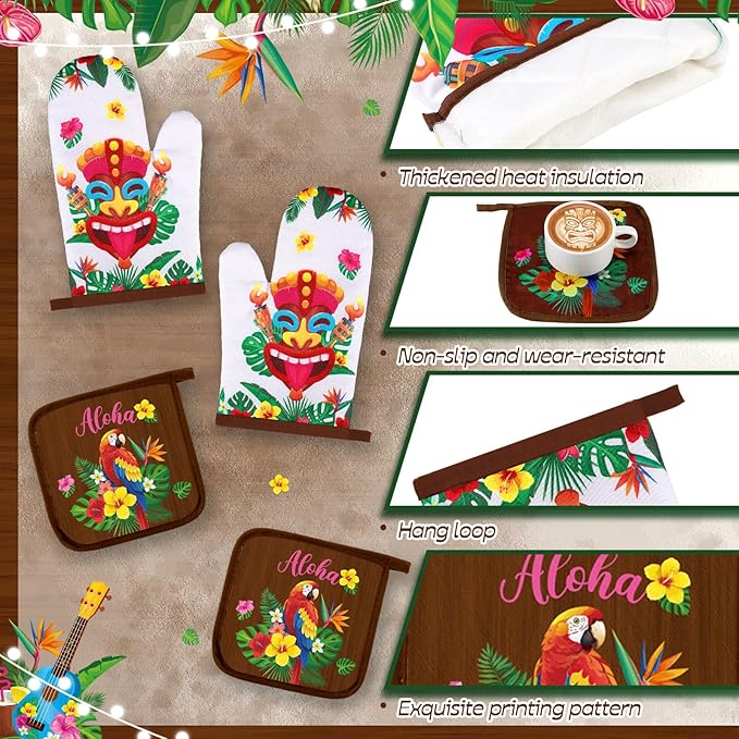 10 Pcs Hawaii Kitchen Towels Oven Mitts and Pot Holder Luau Aloha Kitchen Set Decor Flower Tropical Palm Rugs and Mats Parrot Flamingo Dish Towels for Summer Chef Baking Cooking Grilling BBQ