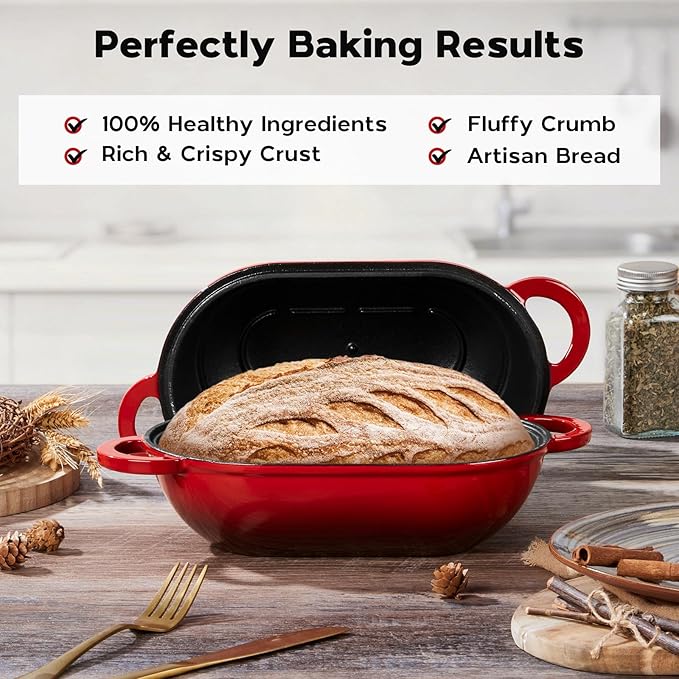 Onader Oval Dutch Oven for Bread Baking, 9x5-1/2 Inch Cast Iron Sourdough Bread Loaf Pan with Lid, Enameled Cast Iron Dutch Oven Pot, 2.8QT Meatloaf Pan, Heavy Duty - Red