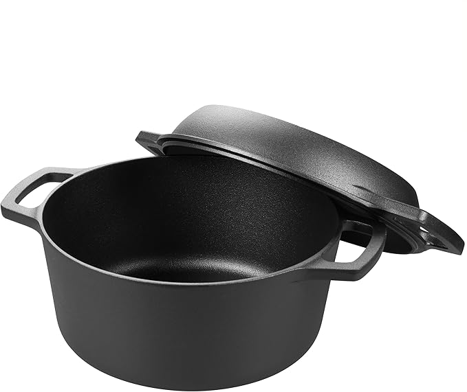 Pre-seasoned Cast Iron Double Dutch Oven Pot with Skillet Lid, Dual-handle, for Bread Baking, Outdoor, Campfire Cooking, include Sourdough Bread Baking Supplies like Banneton Bread Proofing Basket, 5 Quart