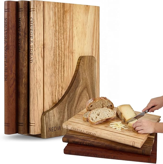 NEDVI Book-Shaped Cutting Board Set with Wooden Stand – Wooden Chopping Boards for Kitchen, Ideal for Vegetables, Cheese, & Meat – Unique Gift Set for Home Cooks & Kitchen Decor