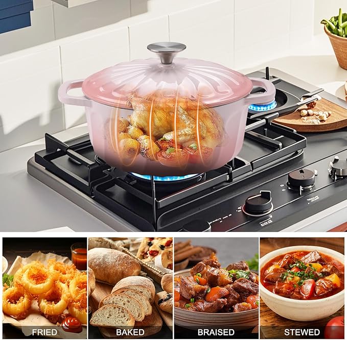 Enameled Cast Iron Dutch Oven Pot with Lid, 3 QT Dutch Oven for Bread Baking, Heavy Duty Cast Iron Pot for Braising, Cook, Bake, Oven Safe across All Cooktops (Gradient Pink,3 QT)
