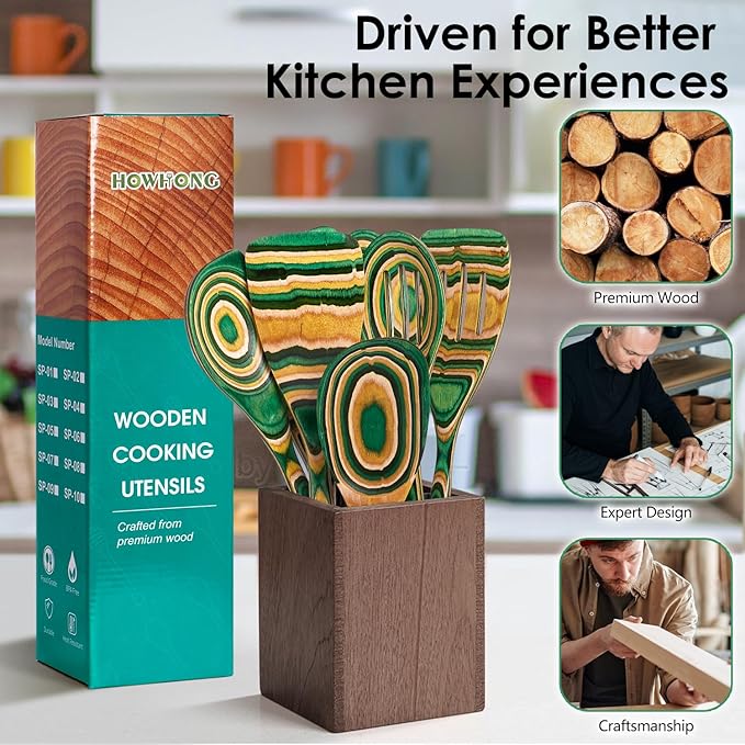 Wooden Spoons for Cooking, Pakkawood Kitchen Utensil Set Oasis Color, Premium Durable Wooden Utensils for Nonstick Cookware, Heat Resistant, Smooth Finish, Comfortable Grip, 7 Piece