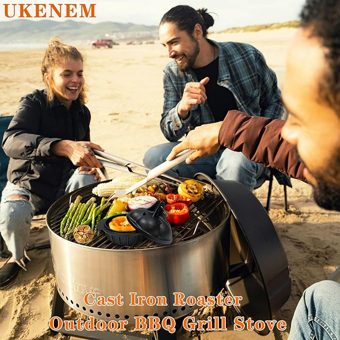 Cast Iron Wood Stove Cooking Bundle, 1.4Qt Steamer/Humidifier + Garlic Roaster with 4 Iron Fish - Dual-Layer Simmer Pot & Smoker Box Set for Vegetables, Meats, and Eco Heating Solutions