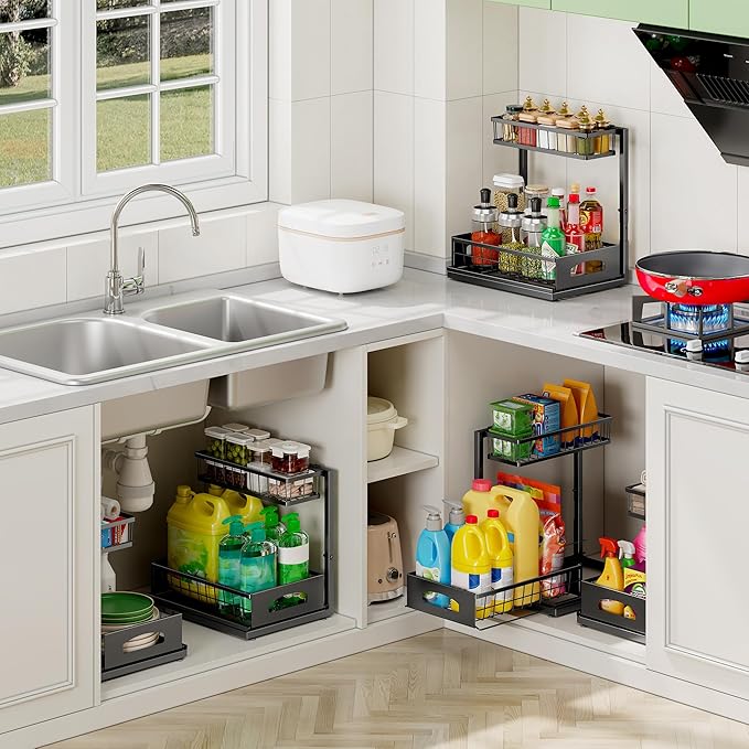 Under Sink Organizer and Storage, Height Adjustable Cabinet Organizer with Slide Out Drawer, Pull Out Under Sink Storage, Multi-Purpose 2 Tier Sink Shelves for Kitchen Bathroom Pantry (Black, 1 Pack)