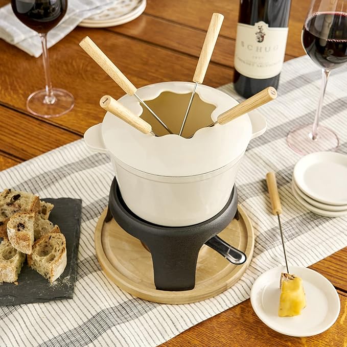 Twine Cast Iron Fondue Set with Metal Stand and Forks, Chocolate Melting Pot, Cheese Fondue Kit Set, Hosting Essentials 8.5", Off-Cream