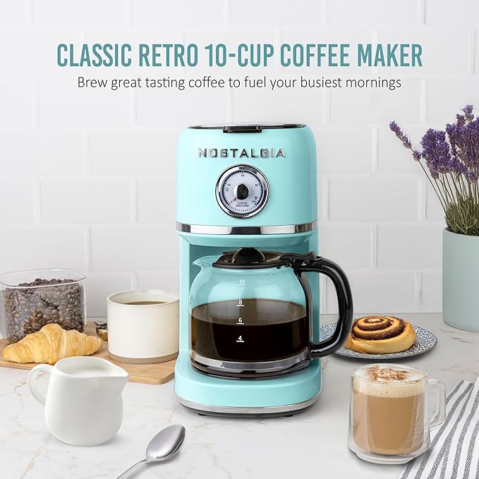 Nostalgia Classic Retro 10 Cup Coffee Maker - One-Touch Drip Brew, Reusable Filter - Anti-Drip, Auto Shutoff, & Time Display - Dishwasher Safe 50 oz Carafe - Aqua