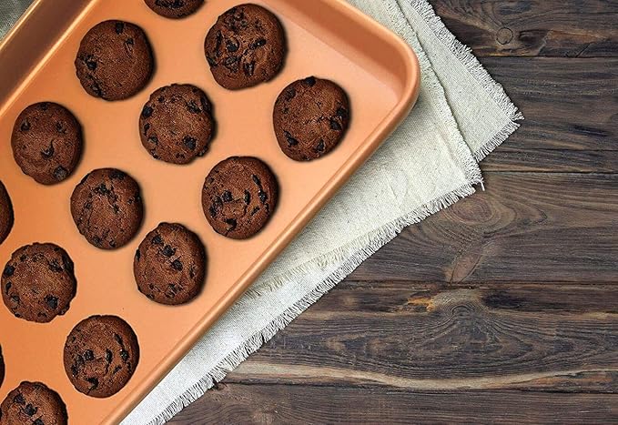 Set of 2 Nonstick Copper Cookie Sheet and Copper Coating Baking Pan for Cookies 11" x 16"