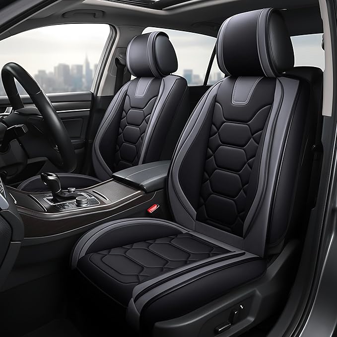 OASIS AUTO Car Seat Covers Front Seats, Sporty Honeycomb Waterproof Faux Leather Protectors, Universal Fit for SUV, Sedan, Truck Interior Accessories (OS-004 Black&Gray)