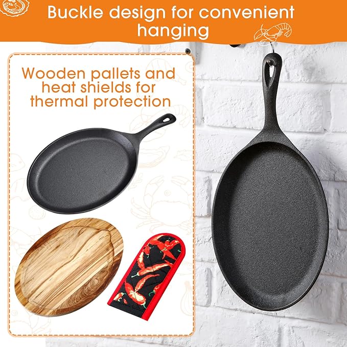 Lallisa 1 Set Cast Iron Fajita Plate Set Fajita Plate Pan with Wooden Tray Anti Scald Protection Hot Mitt Cast Iron Skillet Set for Home Barbecue Kitchen Party Restaurant Catering Service