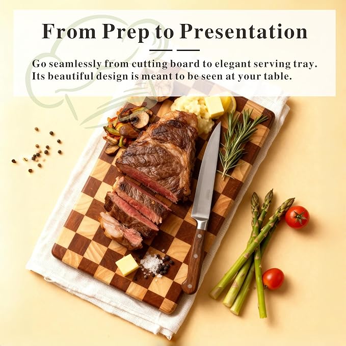 Checkered Cutting Board for Kitchen, 16"L x 11"W x 1"Th – Wooden Chopping, Cheese & Charcuterie Board in Acacia Wood, Butcher Block Serving Tray for Meat, Fruit, Bread & Vegetables