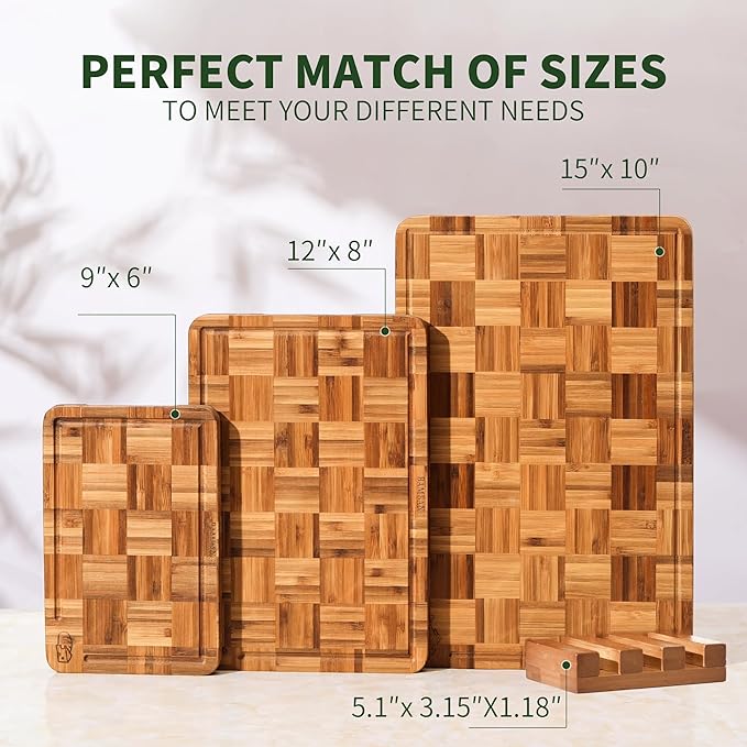 BAMBANG Bamboo Cutting Board for Kitchen with Juice Groove, End-Grain Butcher Block Chopping Boards, Checkered Wooden Cutting Boards Set of 3 with Stand, Knife-Friendly, Serving Tray