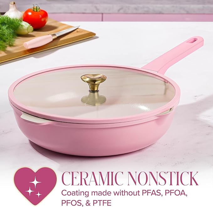 Paris Hilton Jumbo Sauté Pan with Lid, Cast Aluminum Cookware with Ceramic Nonstick Coating Made Without PFAS, PFOA, PFOS & PTFE, 4-Quart, Pink