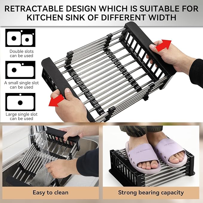 Cyrank Over The Sink Dish Drying Rack, Over The Sink Dish Drying Rack Expandable Over Sink Grill Telescopic Drain Basket Kitchen Rack Drain Basket Sink Drying Rack(S#Black)