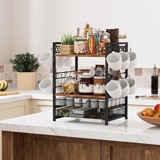 Coffee Bar Organizer Countertop Station Shelf, 4 Tier Mug Cup Holder Stand with 12 Hooks, 30 K Cup Coffee Pod Holder, Multifunctional Coffee Shelf Organizer for Accessories Station Kitchen