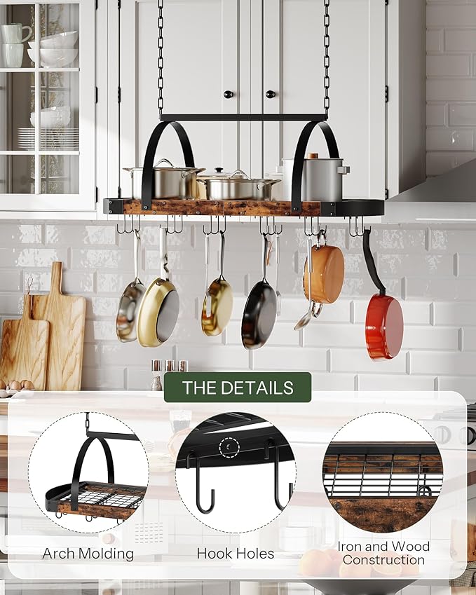 Hanging Pot Rack, Pot Hanger for Kitchen, Ceiling Mounted Pot Holder, Cookware Organizer with 18 S-Shaped Hooks, for Pot, Pan Storage, Space-Saving, Rustic Brown and Black TPR18BF