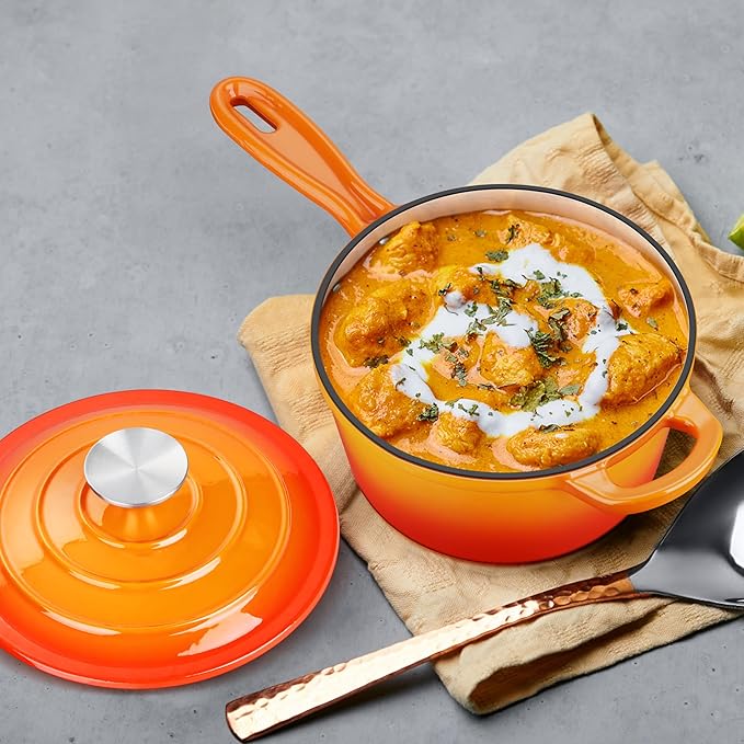Enameled Cast Iron Sauce Pan with Lid, Leonyo 2 Quart Saucepan with Lid, Small Enamel Cast Iron Dutch Oven Kitchen Cookware for All Cooktops Making Pasta Sauce, Soup, Milk - Up to 500°F & Orange
