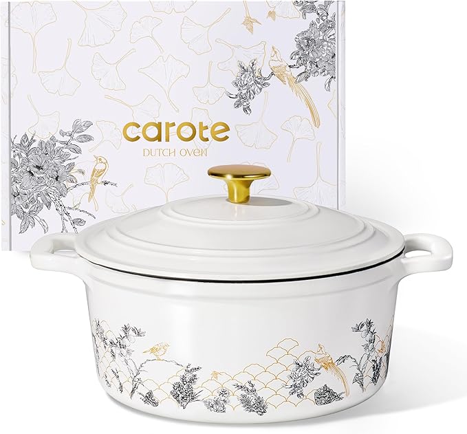 CAROTE 5QT Cast Iron Dutch Oven Pot with Lid, Enameled Floral Dutch Ovens with Gift Box, Cast Iron Pot for Sourdough Bread Baking, Braising, Stews, Roasting, Dual Handles, Healthy & Non-Toxic, All Stovetop Compatible, Oven Safe up to 500° F, White