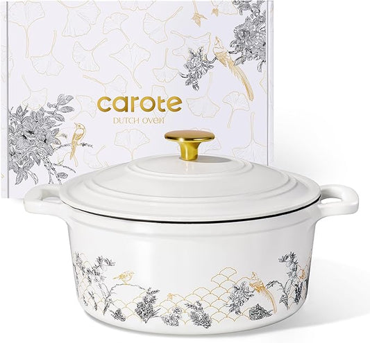 CAROTE 5QT Cast Iron Dutch Oven Pot with Lid, Enameled Floral Dutch Ovens with Gift Box, Cast Iron Pot for Sourdough Bread Baking, Braising, Stews, Roasting, Dual Handles, Healthy & Non-Toxic, All Stovetop Compatible, Oven Safe up to 500° F, White