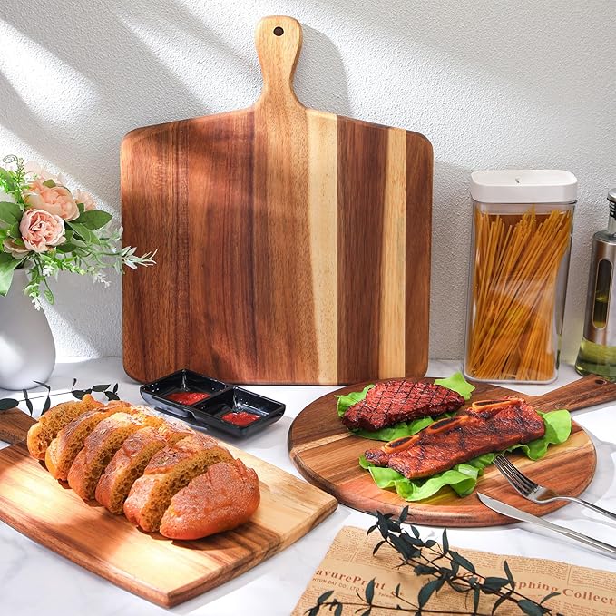 Zhehao 3 Pcs Acacia Wood Cutting Board Set with Handle for Charcuterie Cheese Chopping Serving Board Meat Bread Chopping Board Vegetables Fruit Kitchen Dining Room Decorative Wooden