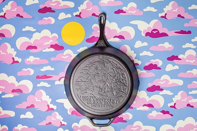 Lodge 13.25 Inch Dolly Parton Pre-Seasoned Cast Iron Stamped Skillet - Signature Teardrop Handle - Use in the Oven, on the Stove, on the Grill, or Over a Campfire - Clear Blue Morning