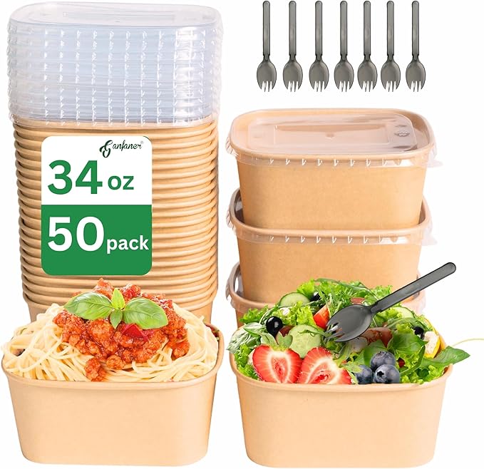 50 Pack 34 Oz Kraft Paper Bowl with Lid and Sporks, Disposable Catering Food Meal Prep Containers for Hot Food, Salad, Soup, School Lunch, Party, Takeout