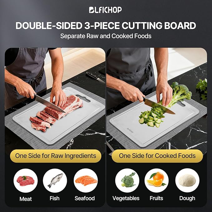 3pcs 100% Pure Titanium Cutting Boards with Juice Groove, Double-Sided Non-Toxic Chopping Boards for kitchen Meat, Vegetables and Fruits, Dishwasher Safe, Grey