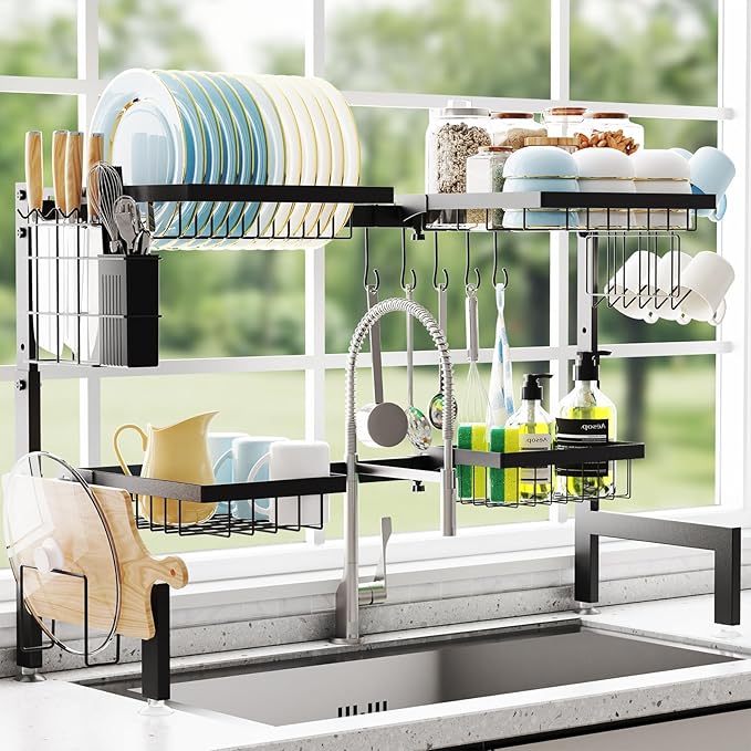 Over The Sink Dish Drying Rack Adjustable (Length and Height) Large Dish Rack, 2-Tier 4 Baskets Stainless Steel Dish Drainers for Kitchen Counter, 26-33.5L x 11.8W x 21.6-23.2H Inches