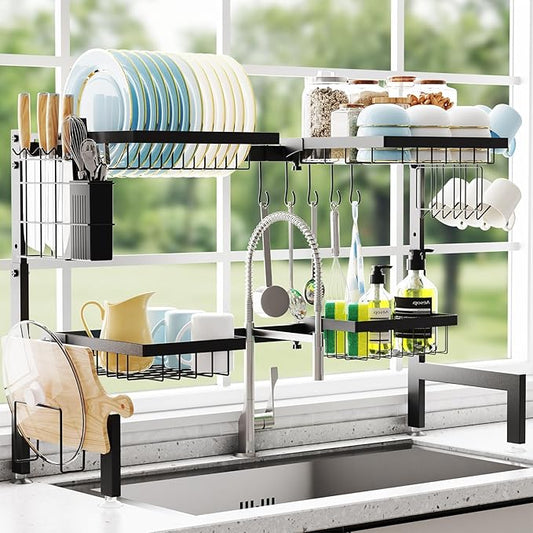 Over The Sink Dish Drying Rack Adjustable (Length and Height) Large Dish Rack, 2-Tier 4 Baskets Stainless Steel Dish Drainers for Kitchen Counter, 26-33.5L x 11.8W x 21.6-23.2H Inches