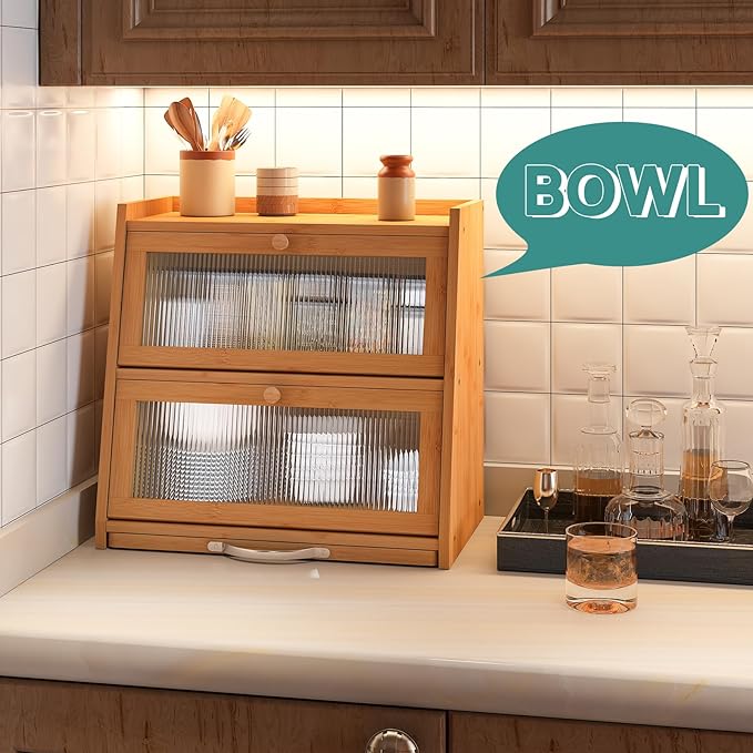 Large Bread Box for Kitchen Counter With Cutting Board, 2-Tier Bread Box, Bamboo Wood Large Capacity Bread Storage Bin with Acrylic Wavy Door Panel