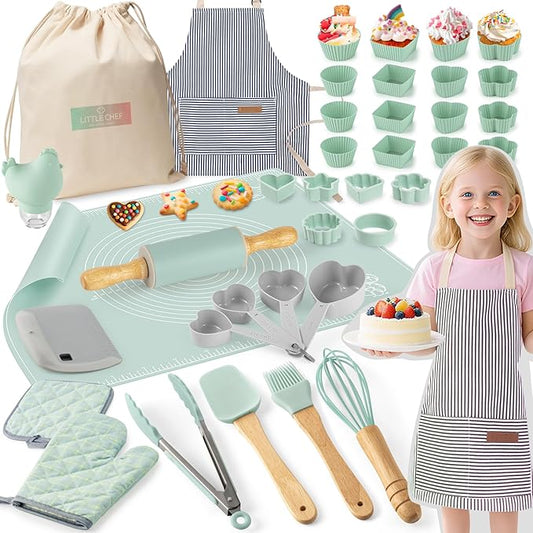 Ultimate Baking Kit for Kids - 38 Piece Kitchen Tools, Food Grade Silicone, BPA/BPS Free - Real Cooking Set for Ages 8-12 - Girls Boys Birthday Stocking Stuffer - Sage Green
