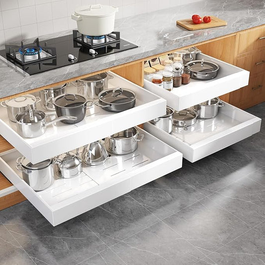 4 Pack Expandable Width (15.15"-26.3") Pull Out Cabinet Organizer 21" Deep with Raising Pad for Framed Cabinets, Upgrade 3 Slide Rails Slide Out Drawers, Roll Out Shelves Adhesive, White