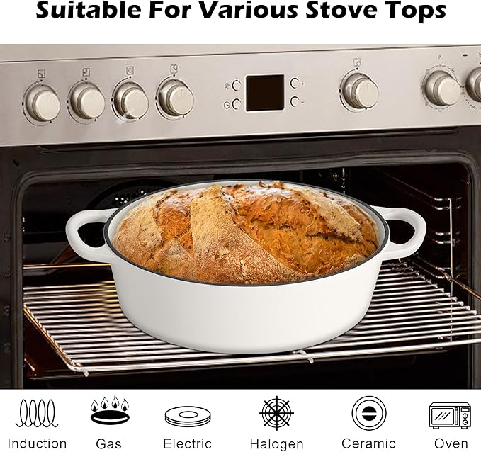 TeamFar 7QT Oval Dutch Oven, Enameled Cast Iron Dutch Oven Pot with Lid, For Bread Baking/Stewing/Braising/Frying, Suitable for Various Stoves, Non-stick & Easy Clean, White