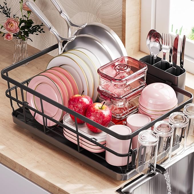 Dish Drying Rack for Kitchen Counter, Kitchen Dish Rack Black, Large Sink Dish Drainer Dryer Rack Small Space, Kitchen Dishes Strainer Drying Rack with Drain Board Cup Holder Cutlery Holder