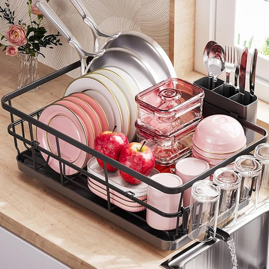 Dish Drying Rack for Kitchen Counter, Kitchen Dish Rack Black, Large Sink Dish Drainer Dryer Rack Small Space, Kitchen Dishes Strainer Drying Rack with Drain Board Cup Holder Cutlery Holder