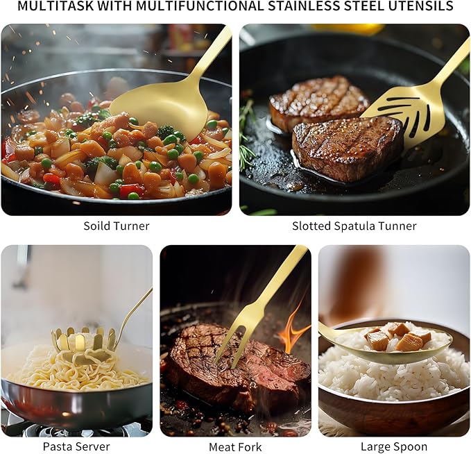 304 Stainless Steel Kitchen Utensil Set - 9pcs Cooking Utensils, Metal Kitchen Utensil Spatula Sets Cookware,High temperature resistance Kitchen Tool Set for Hanging Dishwasher Safe（Gold）