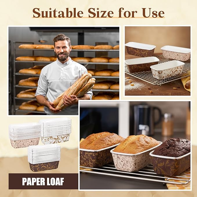 60 Pcs 6.3 x 2.1 x 2.1 Inches Paper Loaf Pan Disposable Paper Baking Pan with Lids for Cake Bread Oven Loaf Bakery Holiday Wedding Halloween Christmas Thanksgiving Gifts