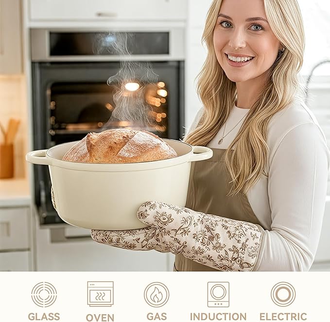 6 Quart Dutch Oven Pot with Lid, Non Stick Enameled Cast Iron Dutch Oven for Bread Baking, Heavy-Duty, Oven Safe Ceramic Cookware Up to 500°F for Baking, Braising, Stews, Roasting, Beige