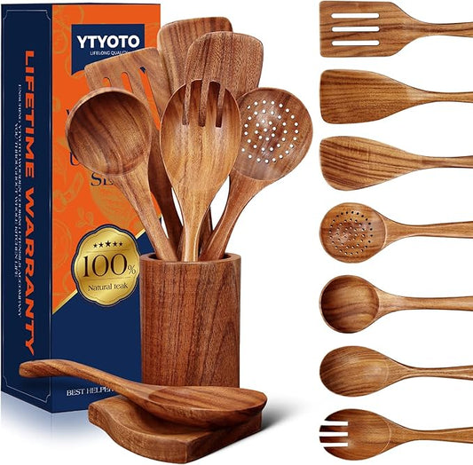 9Pcs Wooden Utensil Set with Holder and Spoon Rest - Natural Teak Wood Cooking Utensils Set, Heat Resistant and Non-stick Wooden Spoons for Cooking, Kitchen Utensils Set with Spatula