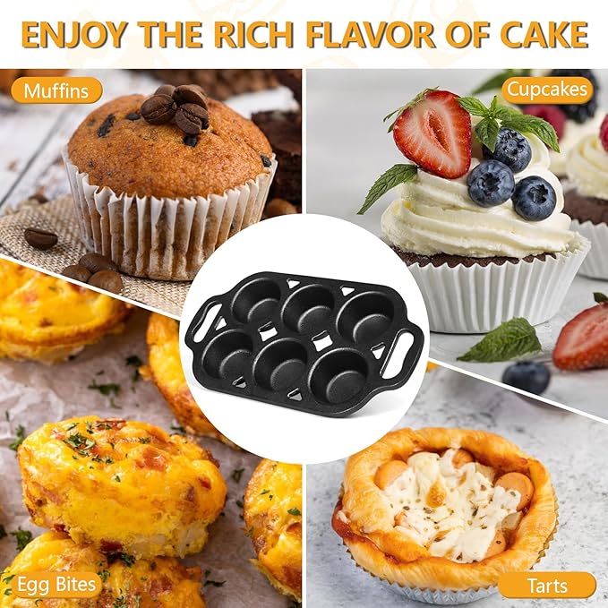 Pre-Seasoned Cast Iron Muffin Pan - 6-Cup Nonstick Cupcake Pan, 2 Piece Set