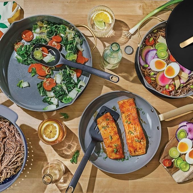 Pans 12pc Ceramic Non-Stick Cookware Set by Drew Barrymore, Pots & Pans with Lids, Dishwasher‑Safe,Soft‑Touch Handles, Even‑Heat Base. (Black Seaseme)