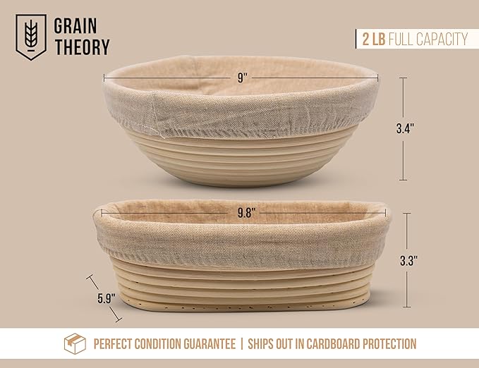 Kook Banneton Bread Proofing Baskets, Artisan Sourdough Bread Making Baskets, 9 Inch Handwoven Rattan Baskets, 1 Round and 1 Oval Basket, and 2 Cloth Liners, Set of 2