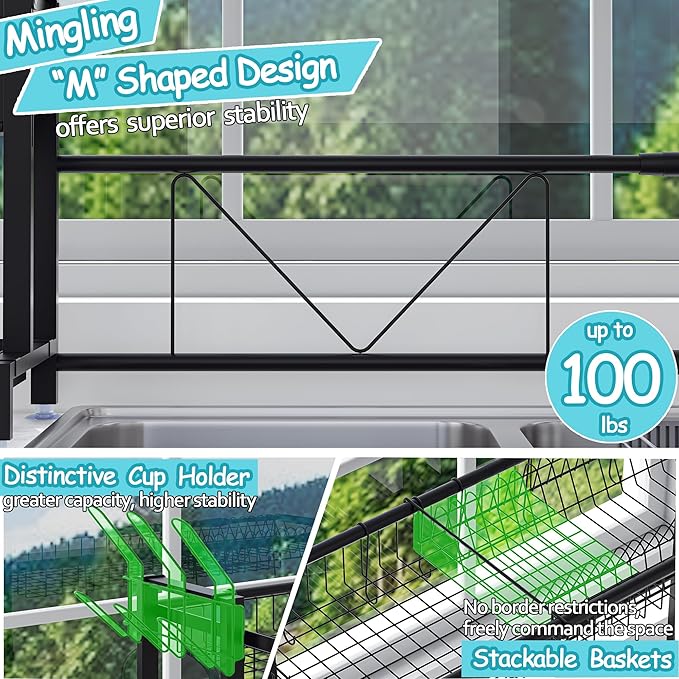 MINGLING Over The Sink Dish Drying Rack, Expandable Height and Length, Large Capacity Stainless Steel Sink Rack, Kitchen Storage and Organization, 24.4"-38.2" L x 9.84" W x 17.7"-22.1" H