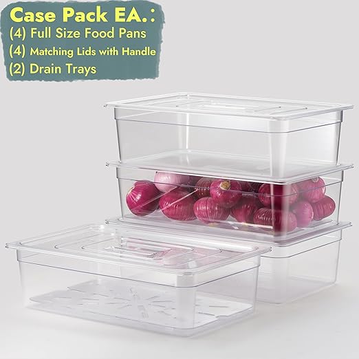 CURTA 4-Pack Full Size 6" Deep NSF Polycarbonate Food Pans with Handled Lids & Drain Trays | Dishwasher & Freezer Safe Clear Container for Prep Tables, Buffet, Salad Bar, Commercial & Home Kitchen
