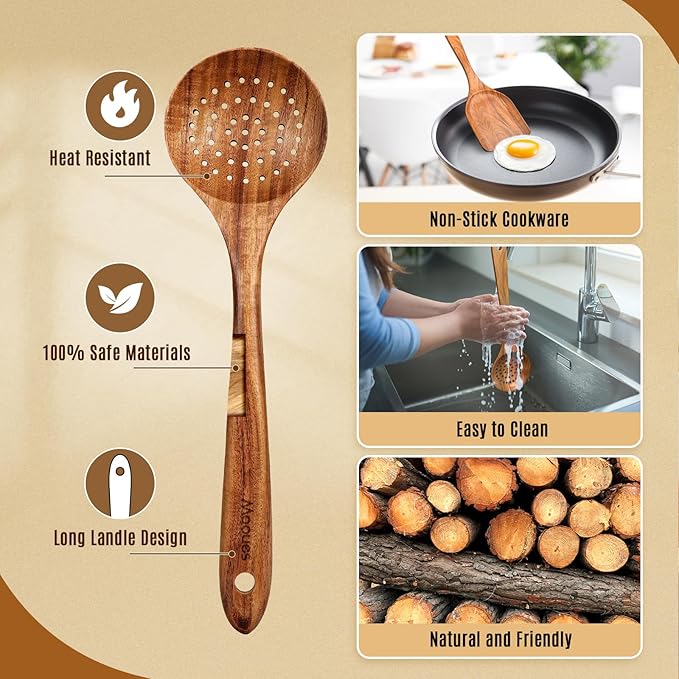 Wooden Spoons for Cooking, Wooden Utensils for Cooking Natural Teak Wooden Kitchen Utensils Set Comfort Grip (7 PCS SET)
