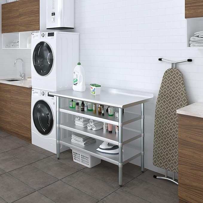 AmGood Stainless Steel Work Table with 1.5" Backsplash and 3 Shelves | Metal Kitchen Food Prep Table | NSF (48" Long x 24" Deep)