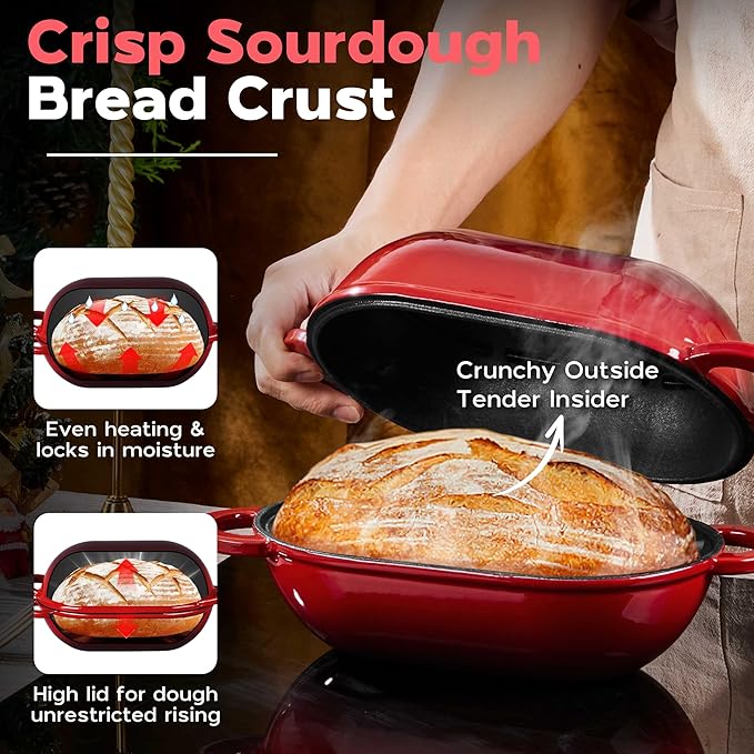 Onader Oval Dutch Oven for Bread Baking, 9x5-1/2 Inch Cast Iron Sourdough Bread Loaf Pan with Lid, Enameled Cast Iron Dutch Oven Pot, 2.8QT Meatloaf Pan, Heavy Duty - Red