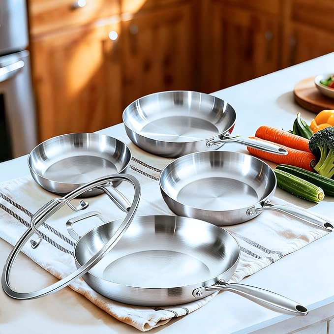 LOLYKITCH Tri-ply Stainless Steel Frying Pan Set, 8.5-10-12 & 14 Inch with Lid, Large Skillet,Induction Chef's Cooking Pan Set,Oven Safe and Detachable Handle