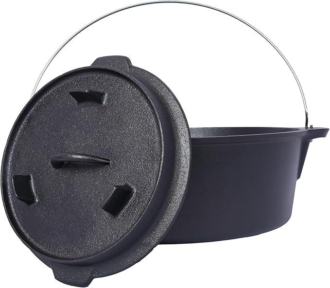 12 Quart Camping Dutch Oven, Pre-Seasoned Cast Iron Camp Dutch Oven Pot With Skillet Lid, for Use in the Oven, on the Stove, Grill, or over the Campfire - Metal Handle, Lid Lifter, and Stand Support