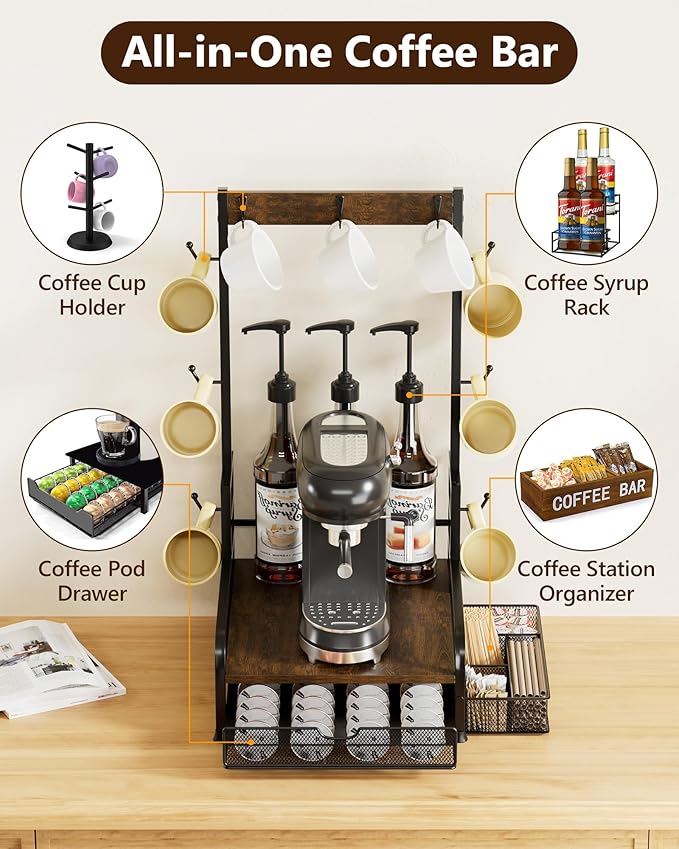 Coffee Station Organizer with Pod Drawer, 40 Pods for Nespresso /28 Pods for K Cup, Coffee Mug Holder with 9 Hooks & 1 Extra Storage Basket, Coffee Bar Organizer for Keurig Machine, Kitchen, Cafe