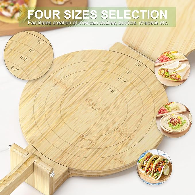 Tortilla Press 10 Inch - Bamboo Quesadilla & Roti Maker with Parchment Paper Sheets & Dough Cutter for Homemade Flour Corn Tortilla, Wood Tortillera Pataconera Tortilla Maker for Home Baking